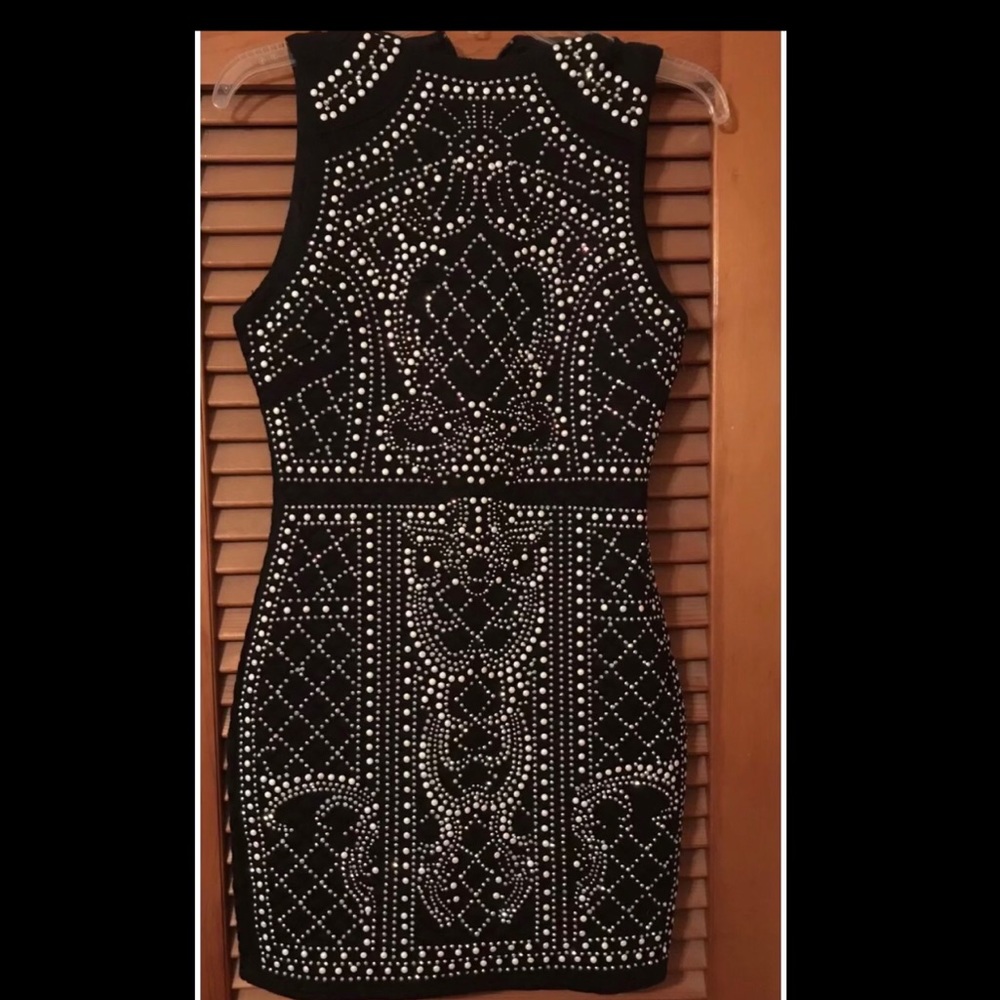 Embellished body con mini flapper style black dress